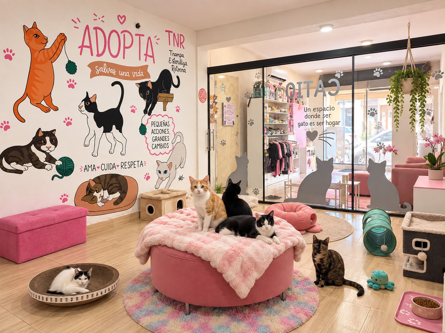 Astoria Cats Boutique in Paraguay: cozy cat adoption room with cats resting on a pink ottoman, wall mural reading 'Adopta, salvas una vida', and a glass catio