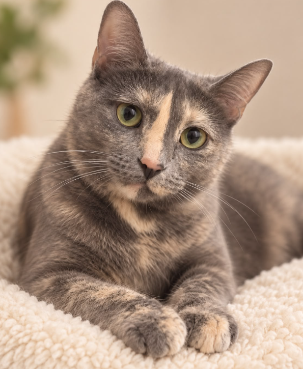 Photo of Gabriela, a one-year-old dilute tortoiseshell rescued cat resting on a soft bed