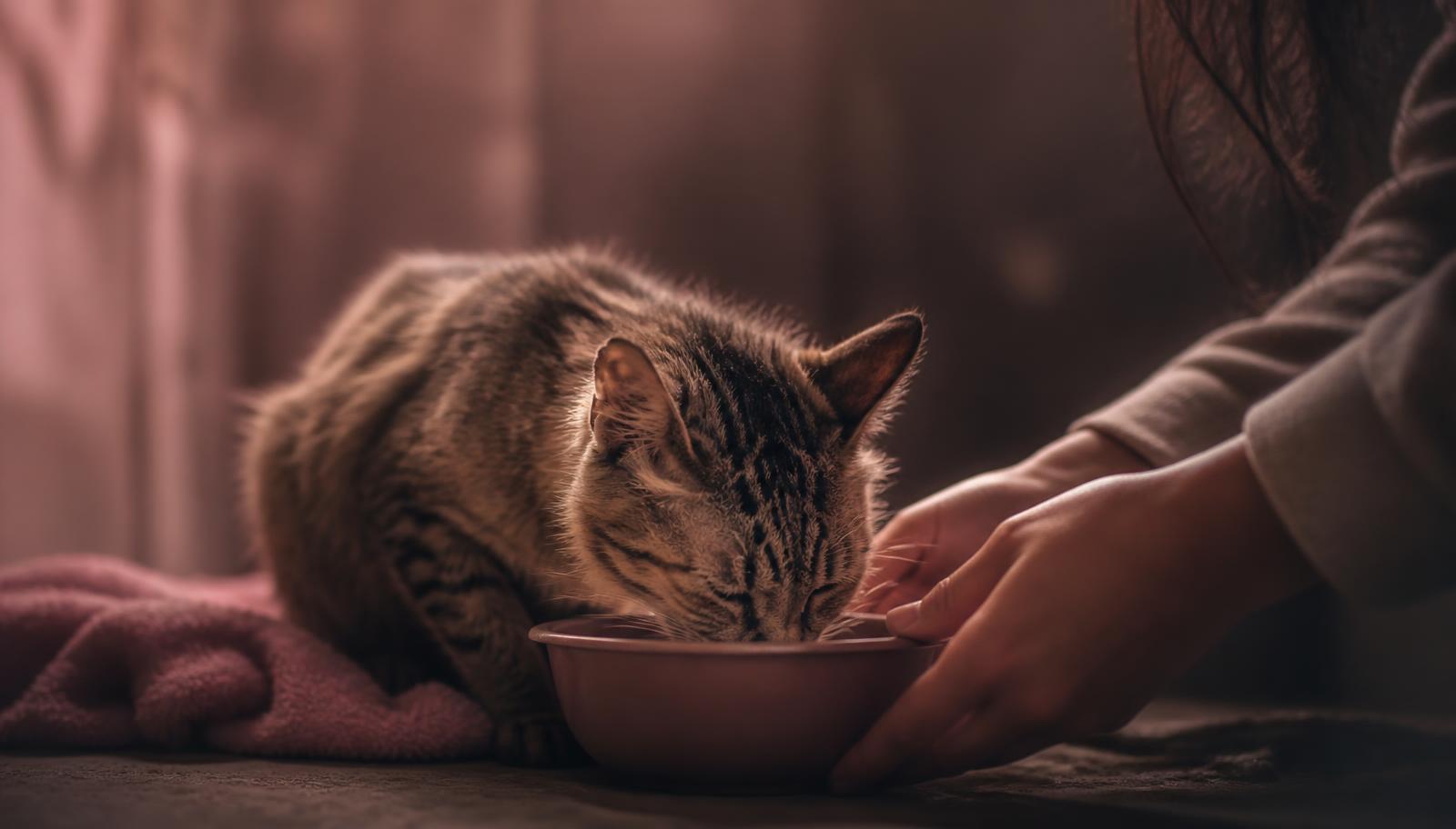 A rescued cat eating from a bowl held by a volunteer