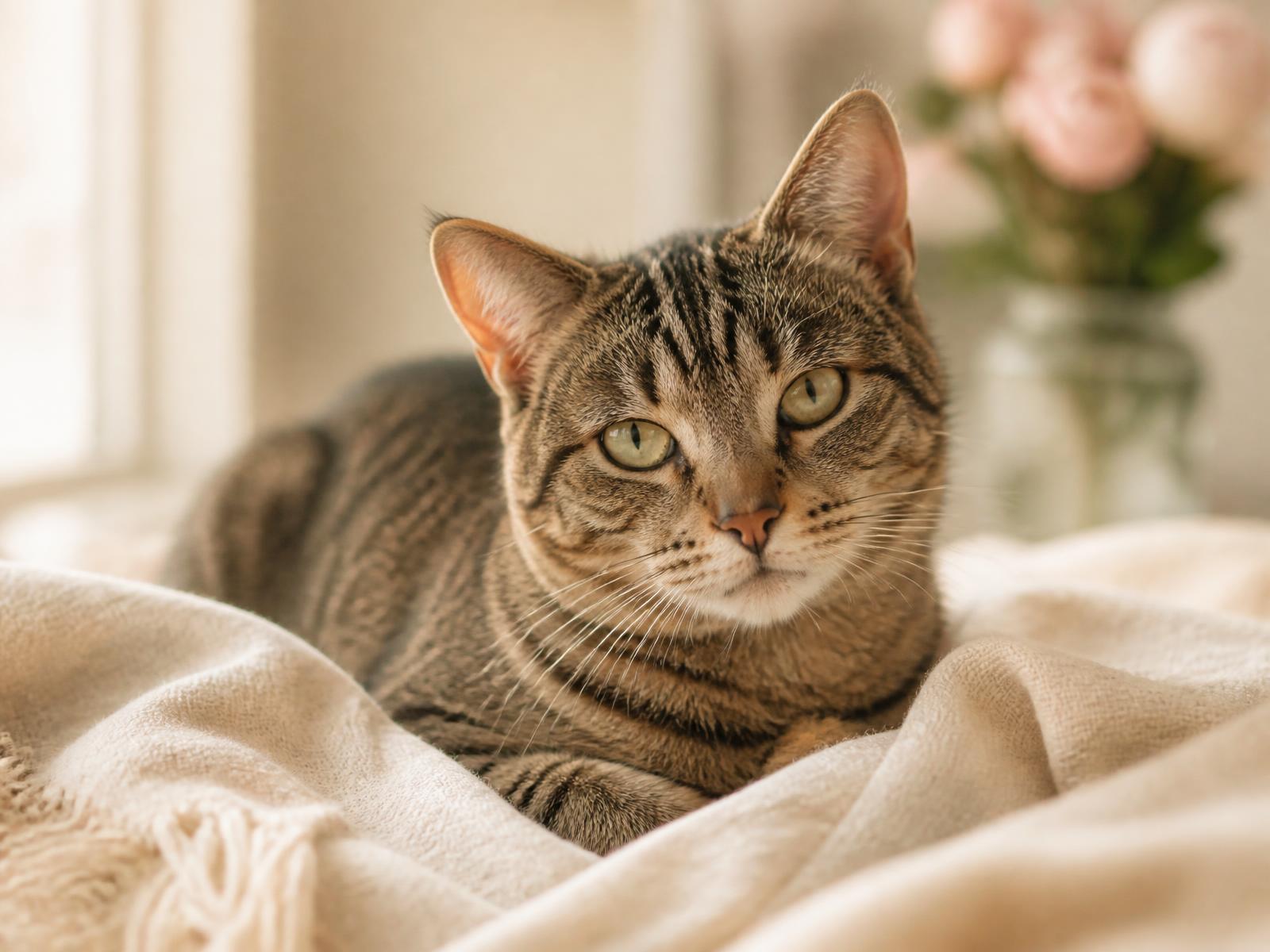 A rescued tabby cat resting in soft window light on a cream blanket